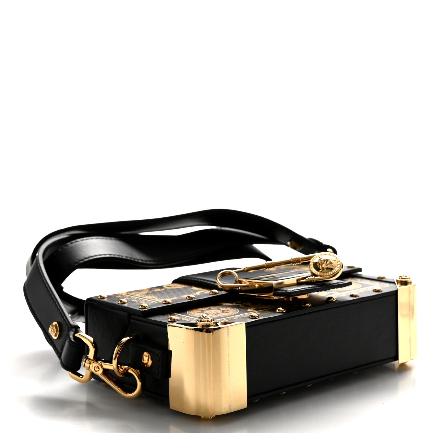 Fendi X VERSACE Vitello Cover Fendace Mini FF Baroque Brooch Studded Mini Baguette Trunk Black Gold 4 of 9