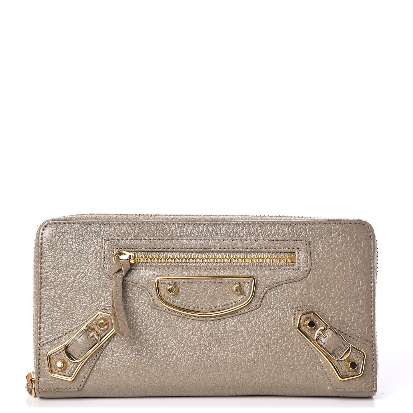 Chevre Gold Metallic Edge Hardware Zip Around Wallet Gris Taupe