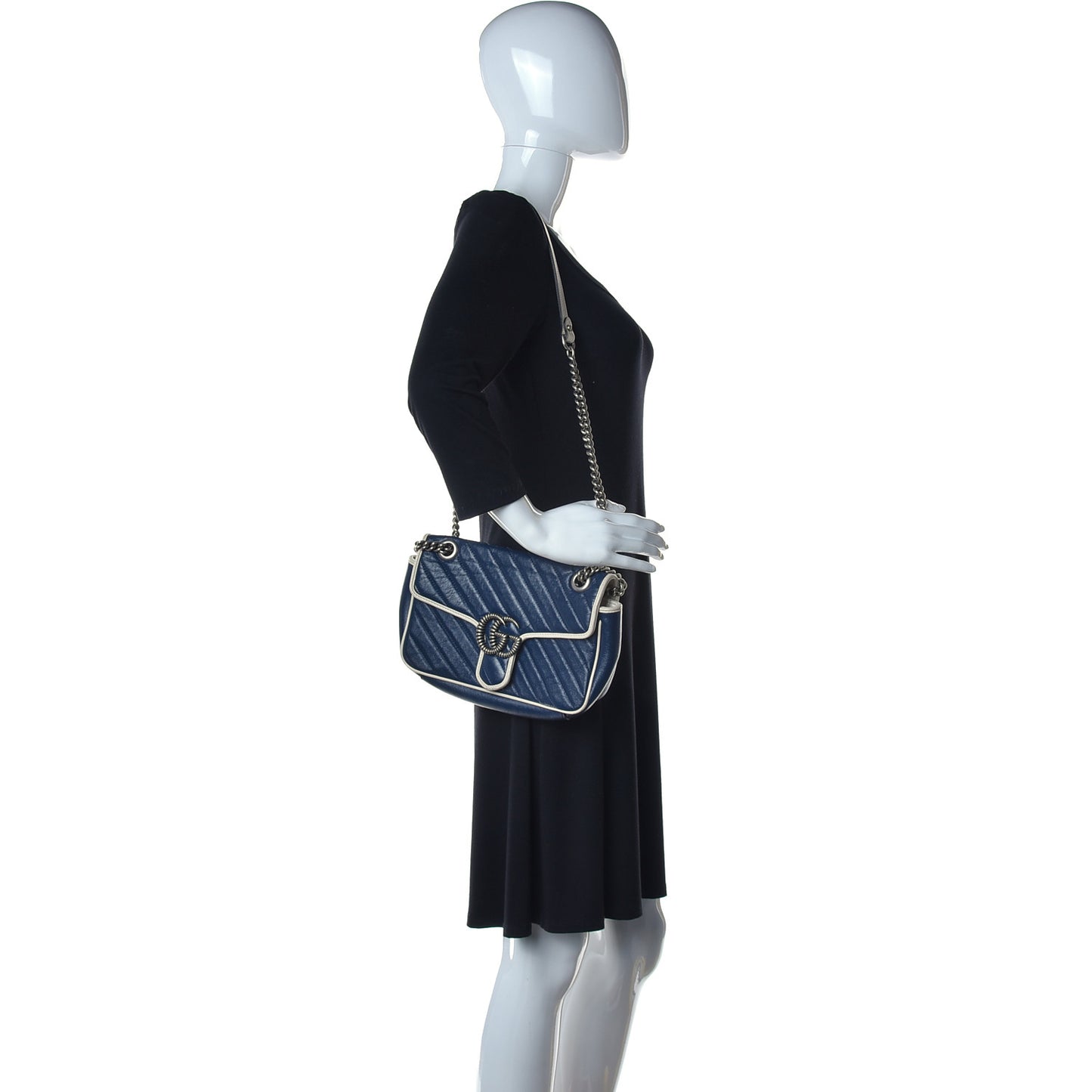 Vintage Effect Calfskin Matelasse Diagonal Small Torchon GG Marmont Shoulder Bag Blue Agata Mystic White