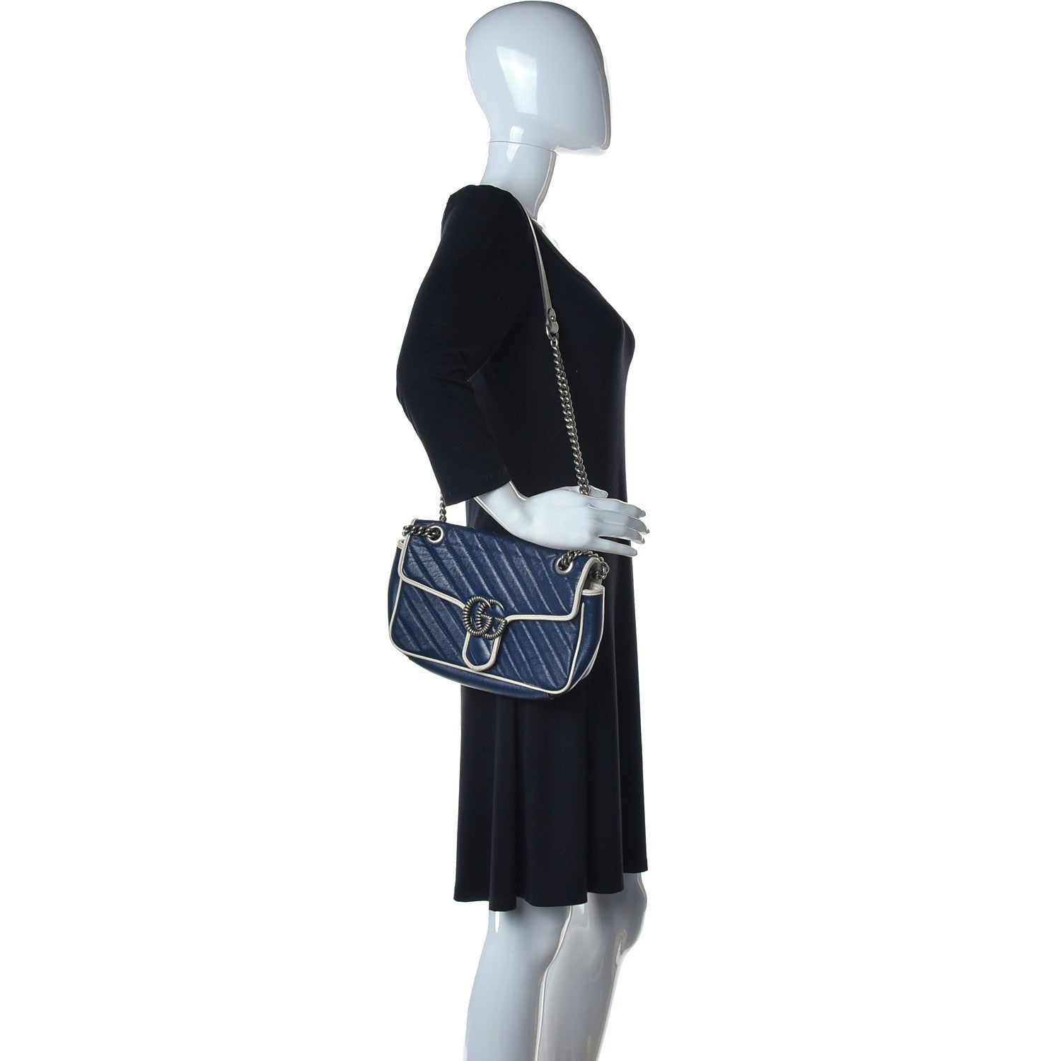Gucci Vintage Effect Calfskin Matelasse Diagonal Small Torchon GG Marmont Shoulder Bag Blue Agata Mystic White 2 of 10