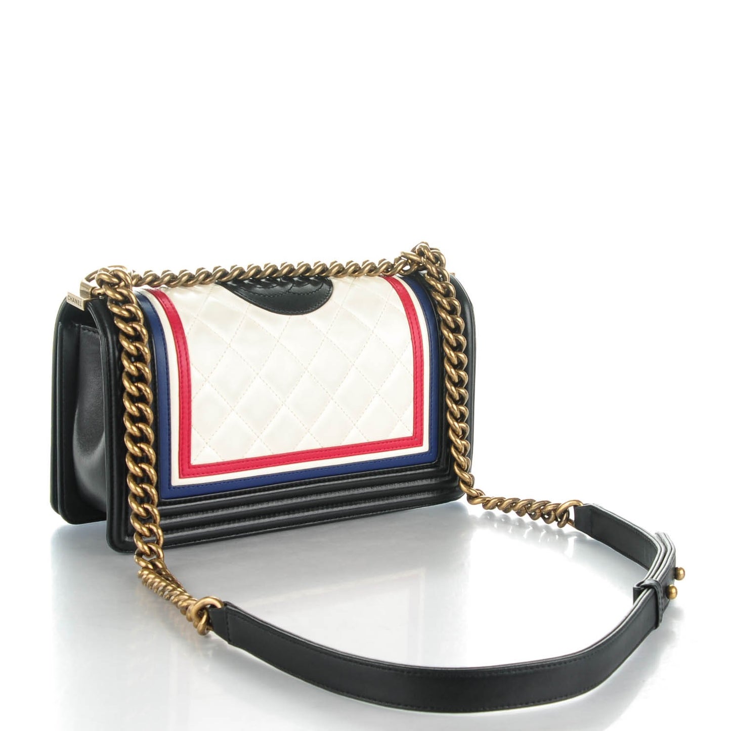 Calfskin Quilted Crest Embellished Medium Boy Flap Black White Blue