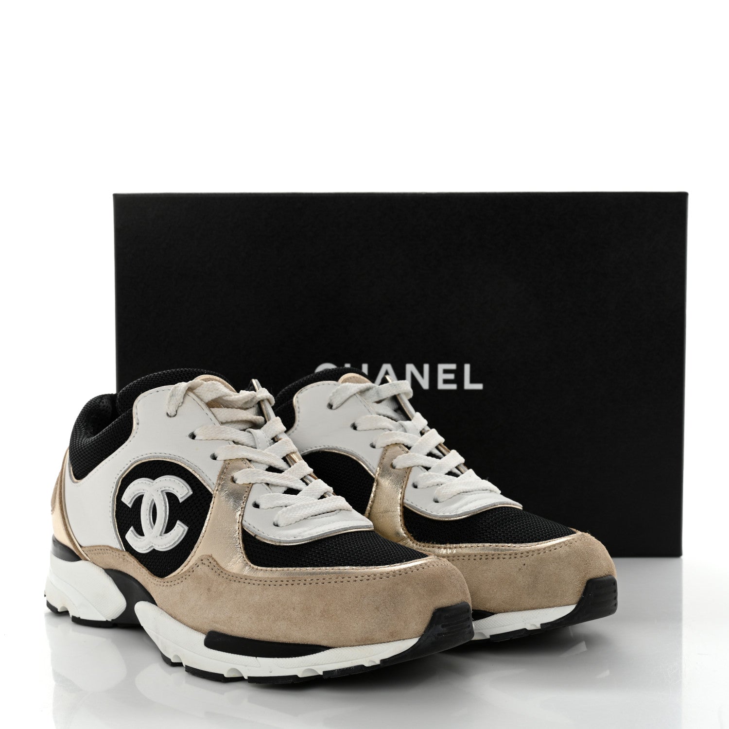 Chanel Mesh Suede Calfskin Womens CC Sneakers 38 White Black Beige Gold 9 of 9