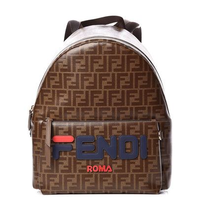 Fendi X FILA Glazed Fabric Vitello Century FF 1974 Mania Pouch Pocket Backpack Mogano Panna Blueberry 1 of 9
