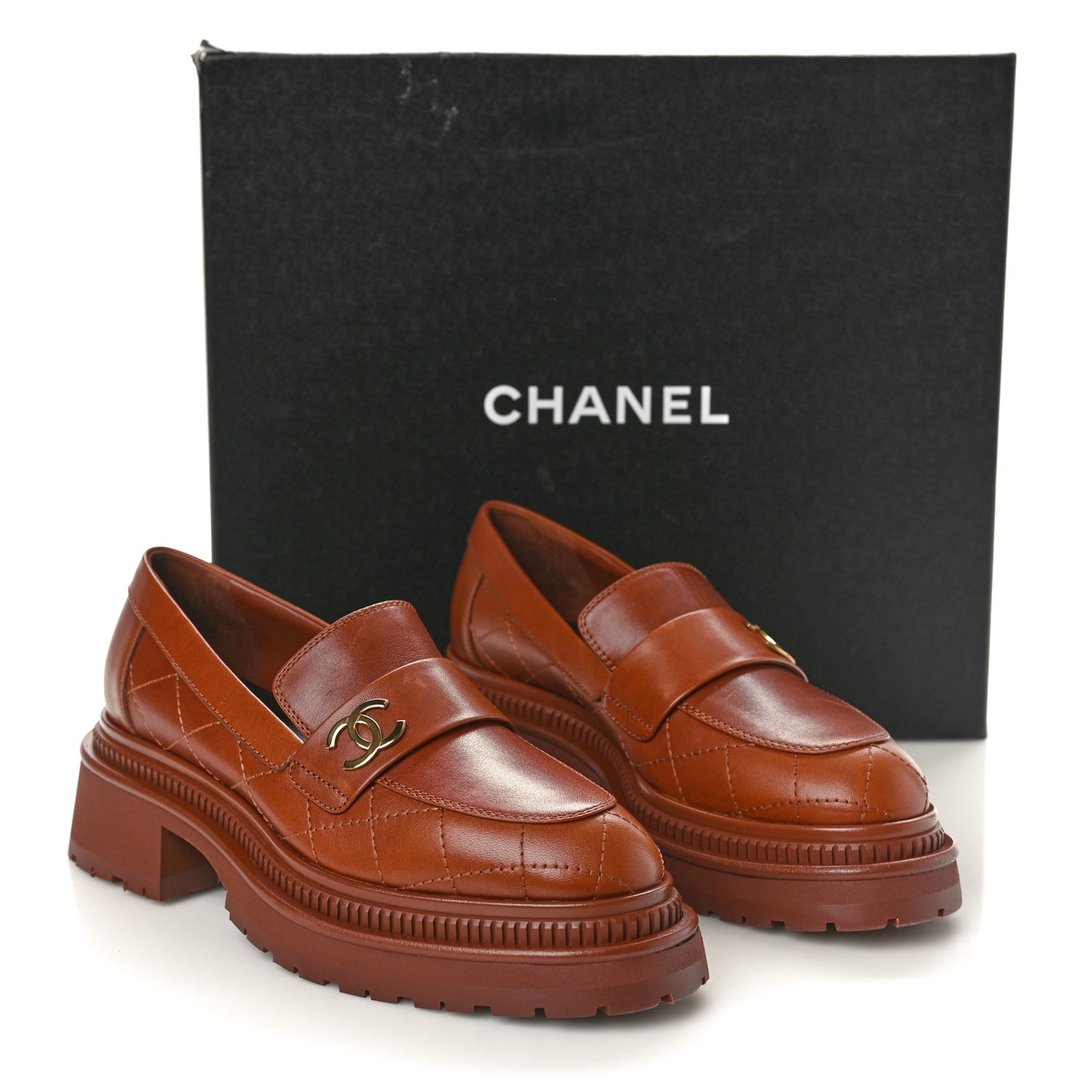 Calfskin Quilted CC Mocassin Loafers 36 Light Brown