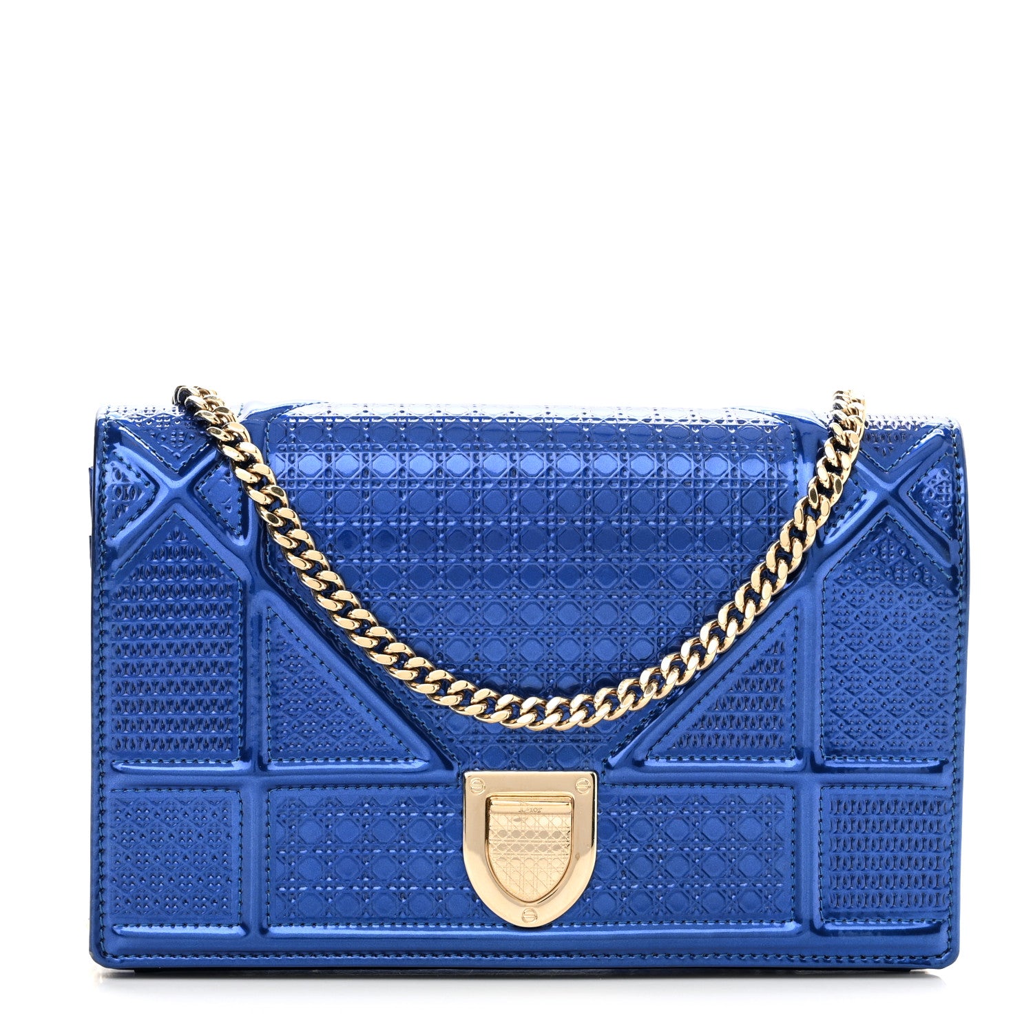 Christian Dior Metallic Patent Micro-Cannage Diorama Wallet on Chain Pouch Mirror Blue 1 of 9
