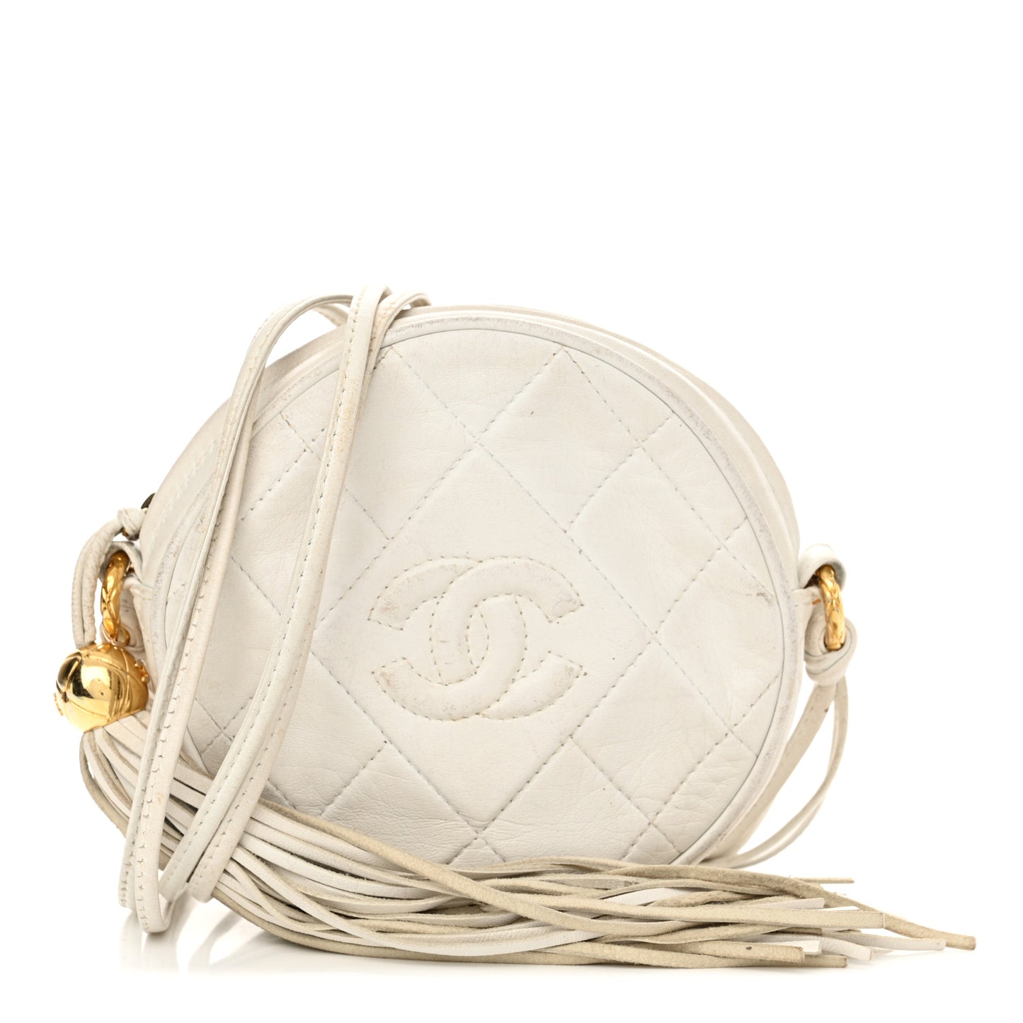 Lambskin Quilted Round Tassel Crossbody Bag White