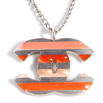 Chanel Enamel Striped CC Necklace Orange Silver 3 of 6