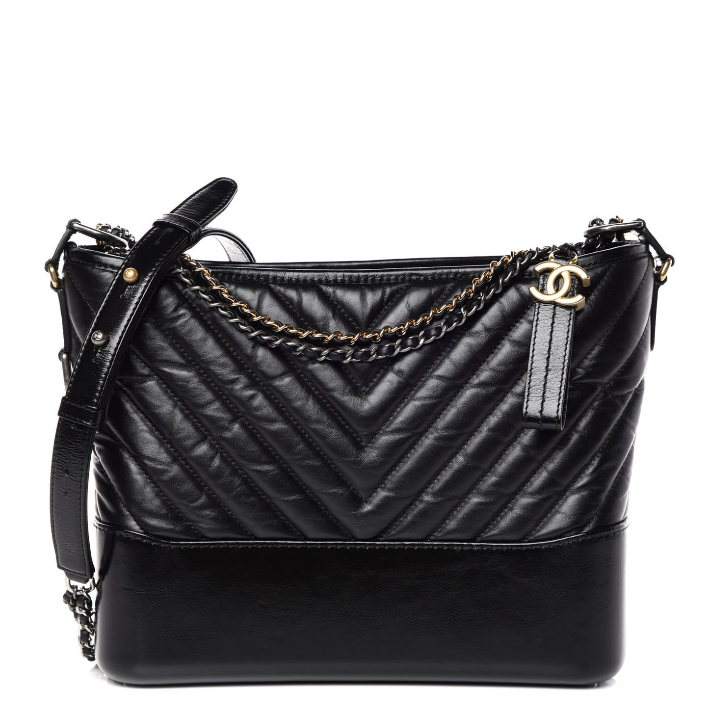 Aged Calfskin Chevron Quilted Medium Gabrielle Hobo Black