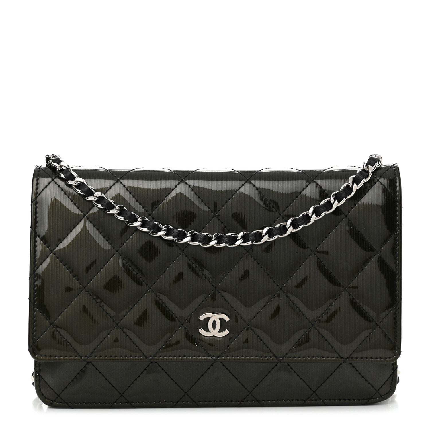Chanel Striated Patent Quilted Wallet on Chain WOC Black 1 of 12