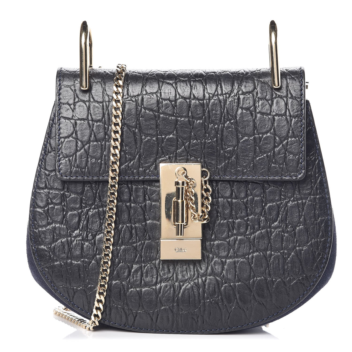 Chloe Calfskin Crocodile Embossed Mini Drew Shoulder Bag Navy 1 of 8