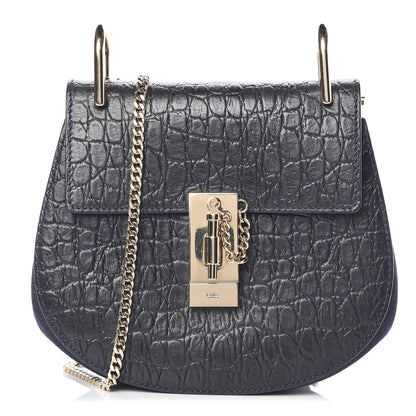 Chloe Calfskin Crocodile Embossed Mini Drew Shoulder Bag Navy 1 of 8