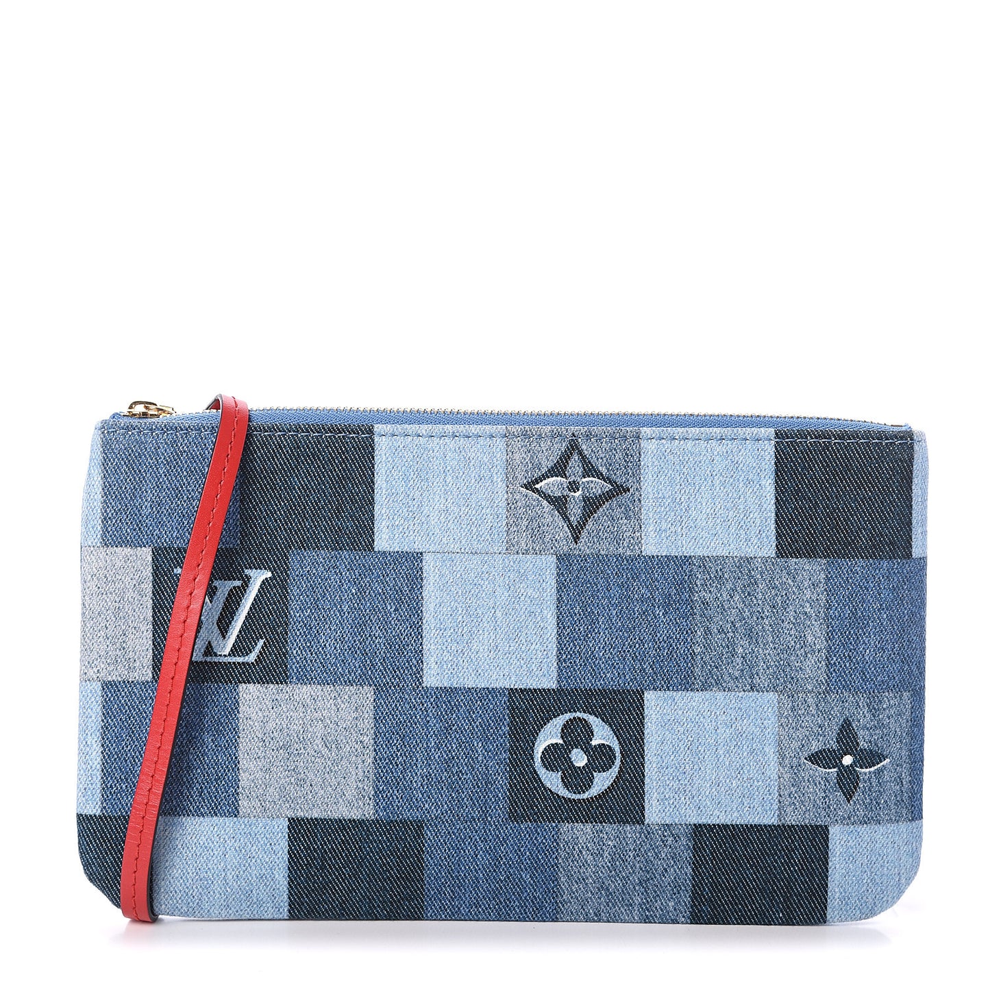 Denim Damier Monogram Patchwork Neverfull MM Pochette Blue Rouge