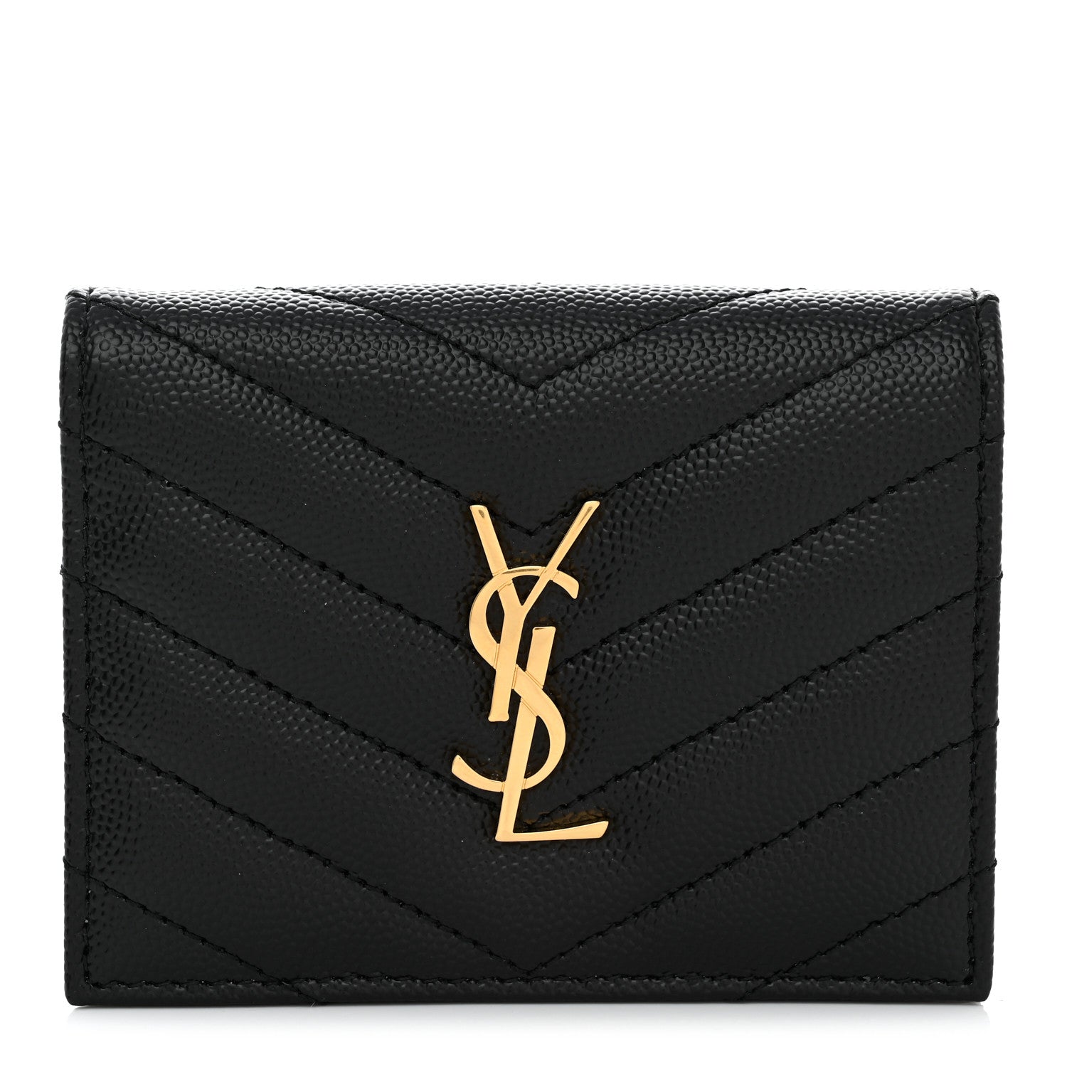 Saint Laurent Grain De Poudre Matelasse Chevron Monogram Flap Card Case Black 1 of 8