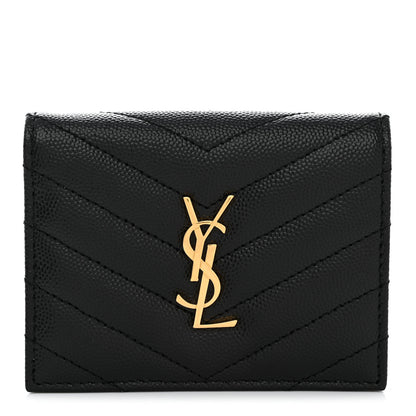 Saint Laurent Grain De Poudre Matelasse Chevron Monogram Flap Card Case Black 1 of 8