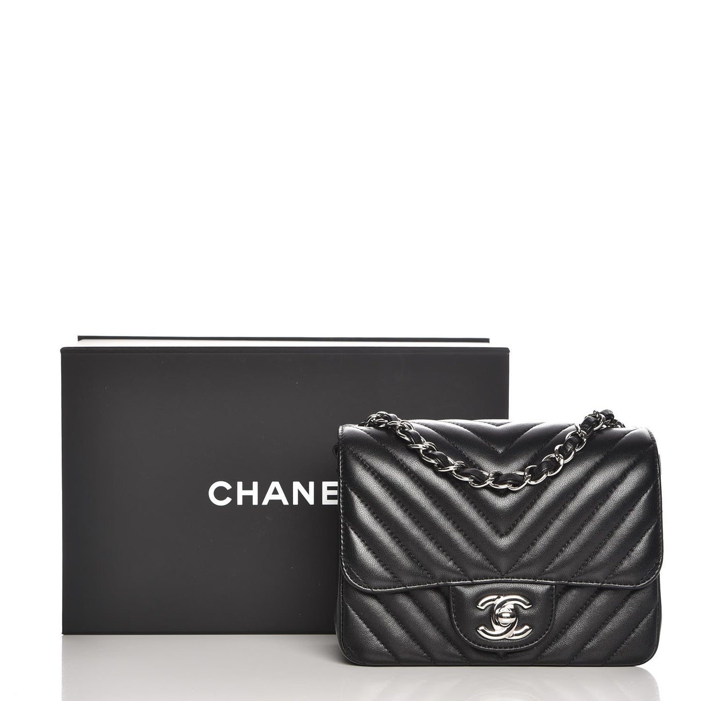 Lambskin Chevron Quilted Mini Square Flap Black