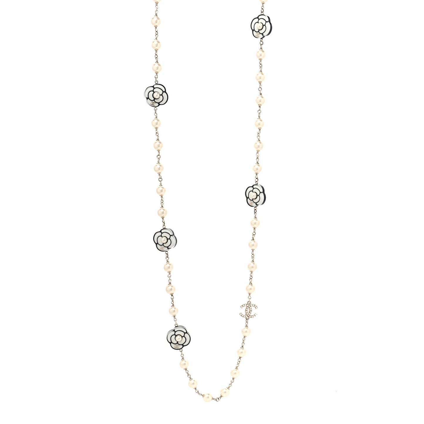 Resin Pearl Camellia CC Long Necklace Gold Pearly White