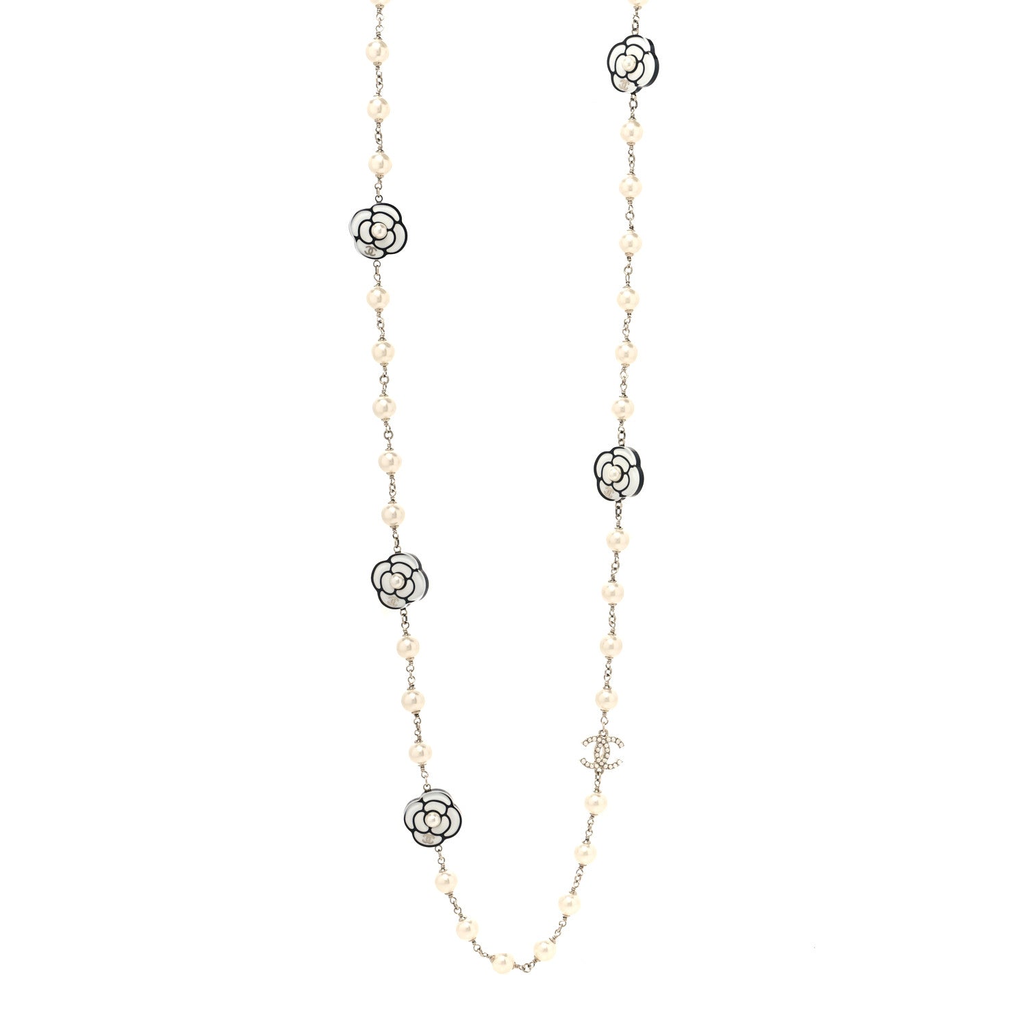 Chanel Resin Pearl Camellia CC Long Necklace Gold Pearly White 1 of 5