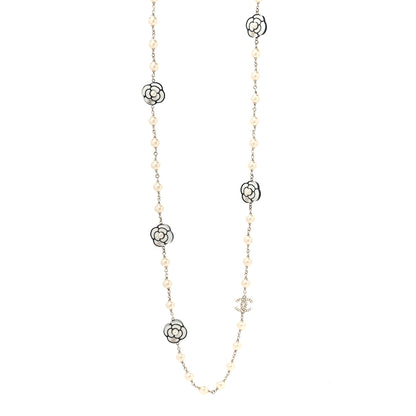 Chanel Resin Pearl Camellia CC Long Necklace Gold Pearly White 1 of 5