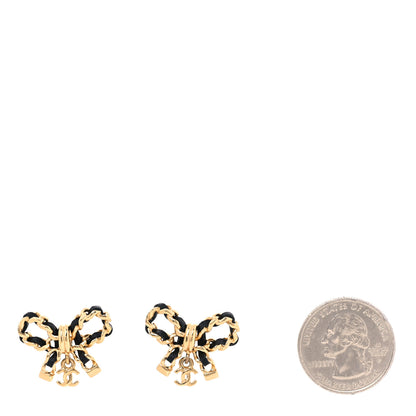 Chanel Lambskin Chain Bow Stud Earrings Black Gold 2 of 5