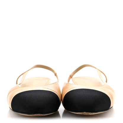 Chanel Goatskin Grosgrain Cap Toe CC Slingback Pumps 37.5 Beige Black 3 of 9