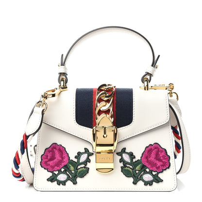 Gucci Calfskin Embroidered Mini Sylvie Top Handle Bag White 1 of 10