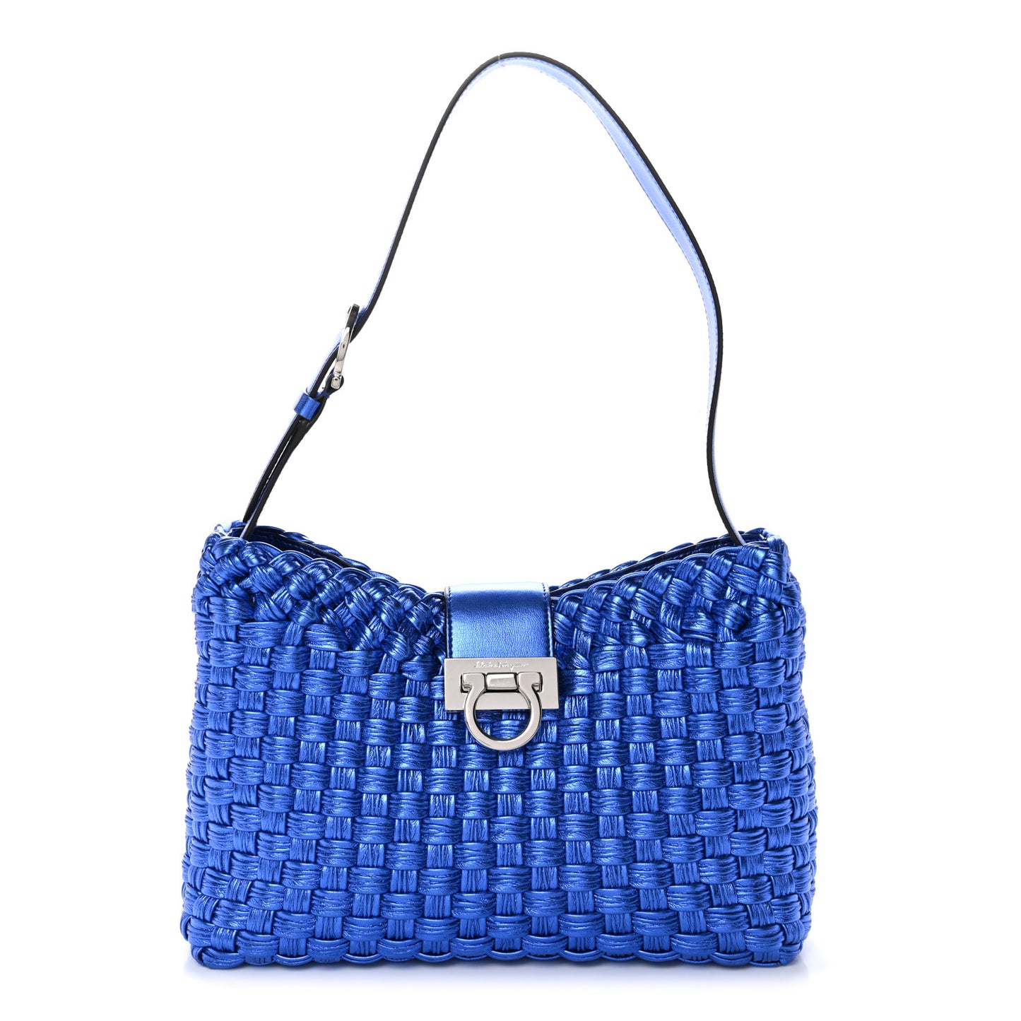 Metallic Woven Calfskin Trifolio Shoulder Bag Bluette