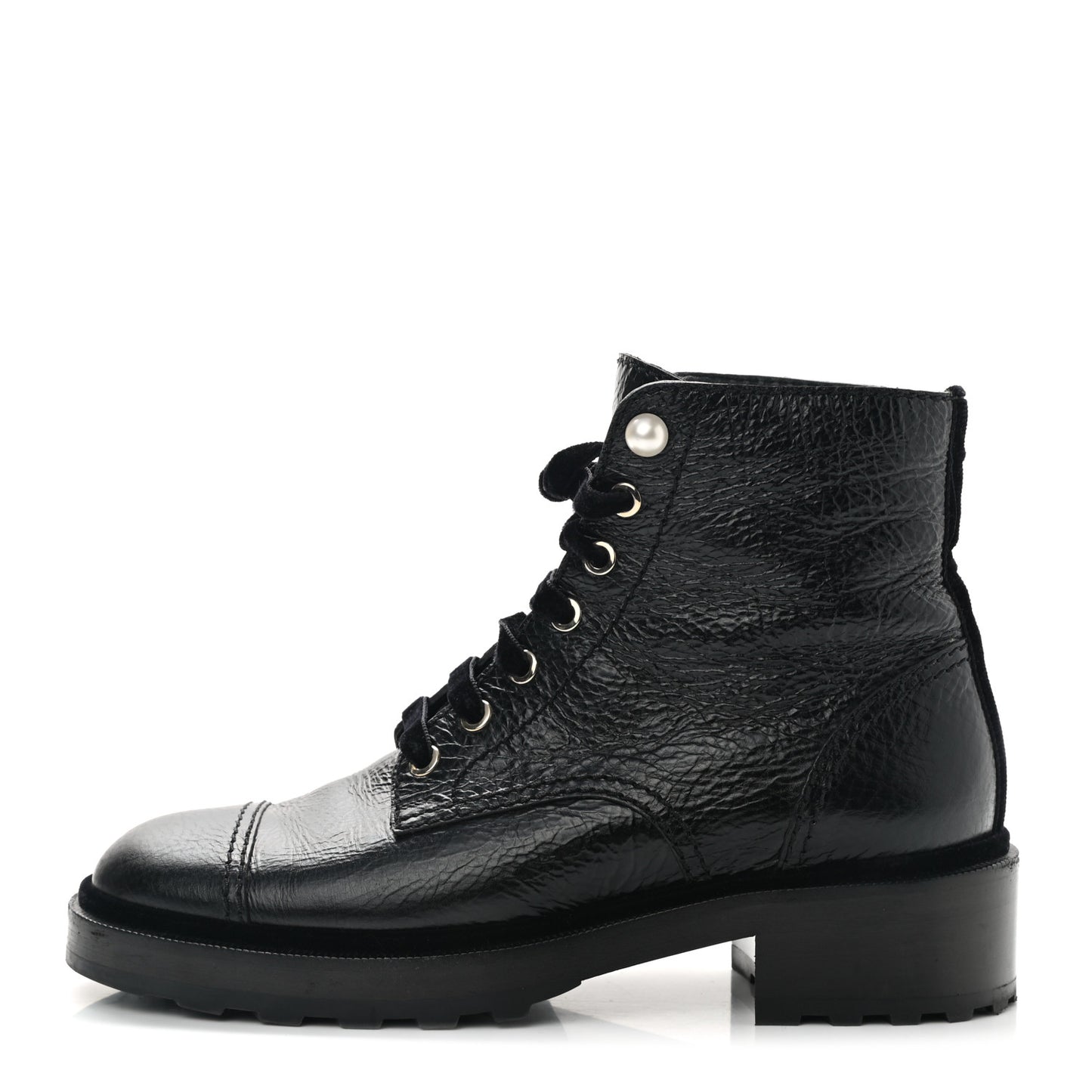 Shiny Calfskin Velvet Pearl Combat Short Boots 39 Black