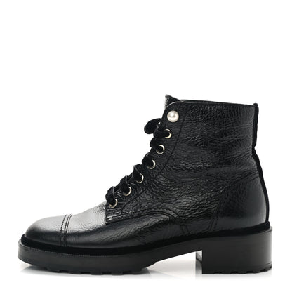 Chanel Shiny Calfskin Velvet Pearl Combat Short Boots 39 Black 1 of 10
