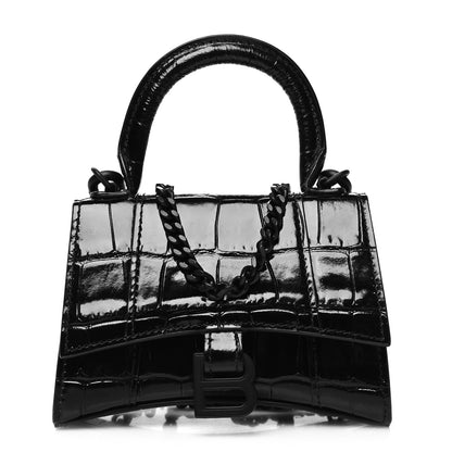 Balenciaga Shiny Calfskin Monochrome Crocodile Embossed Hourglass Top Handle Bag Mini with Chain Black 1 of 10