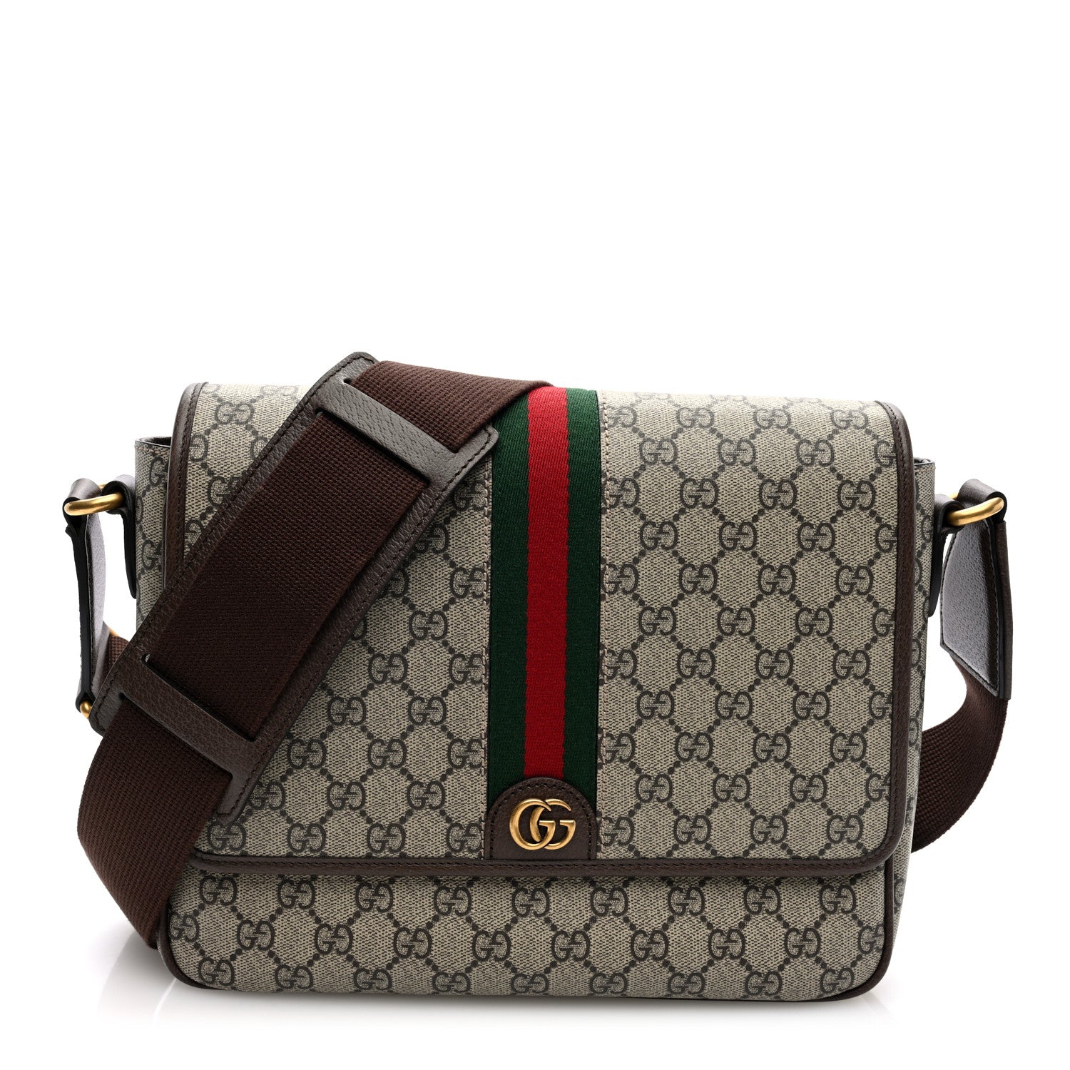 Gucci Tender GG Supreme Monogram Textured Dollar Calfskin Ophidia Messenger Bag Beige Ebony Dark Brown 1 of 9