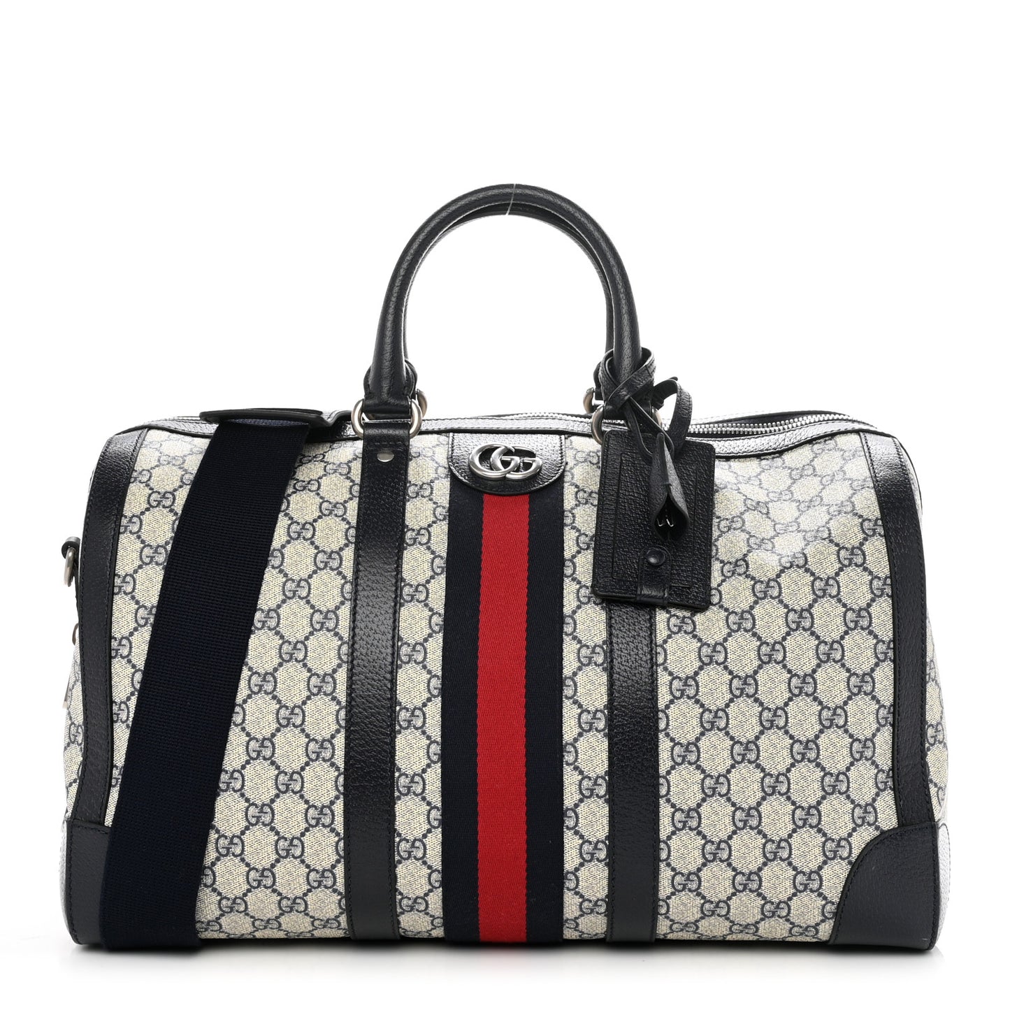 GG Supreme Monogram Textured Dollar Calfskin Web Medium Ophidia Duffle Bag Beige Blue