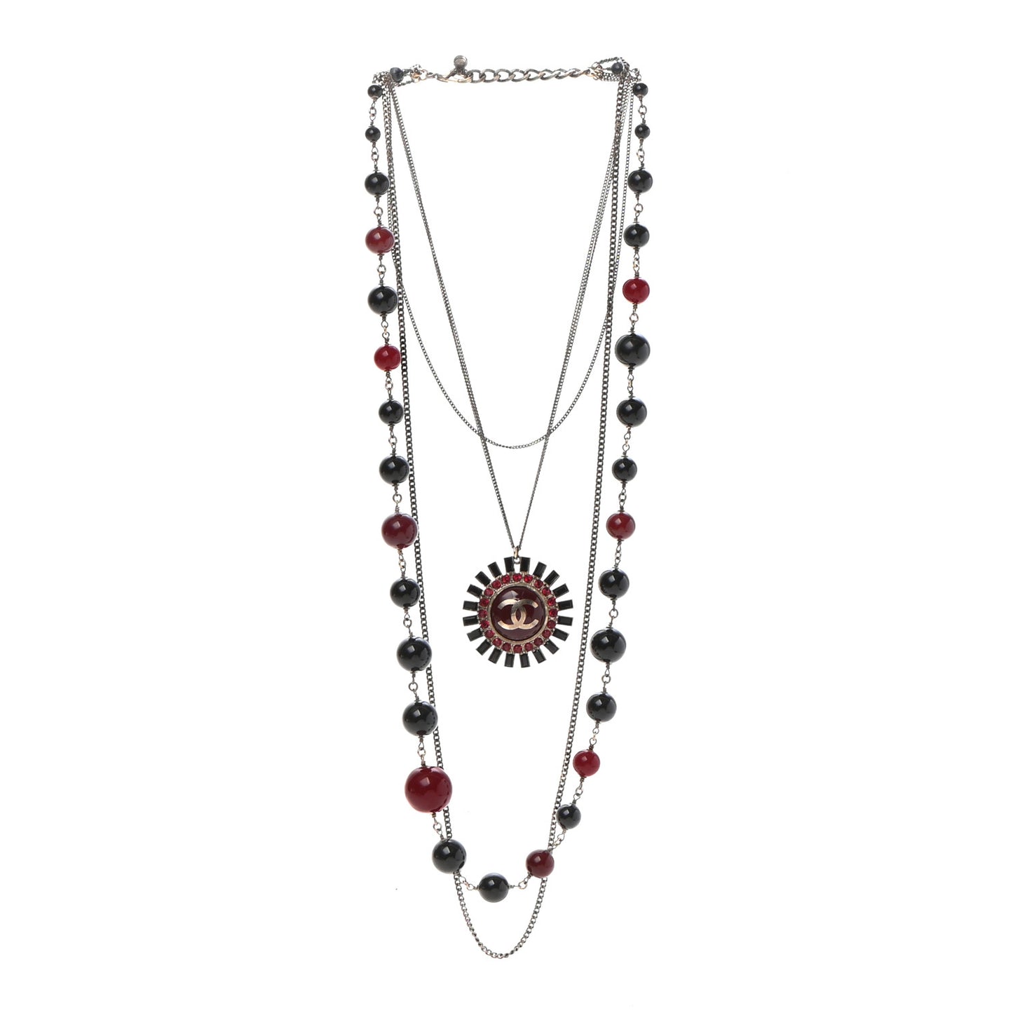 Gripoix Poured Glass Crystal Bead CC Layered Pendant Necklace Black Red Gold