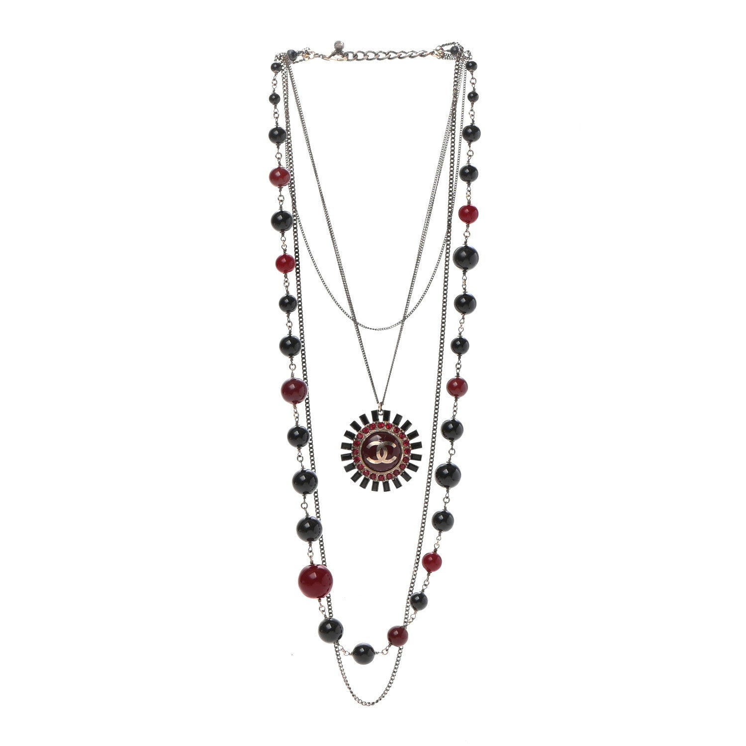 Chanel Gripoix Poured Glass Crystal Bead CC Layered Pendant Necklace Black Red Gold 3 of 5