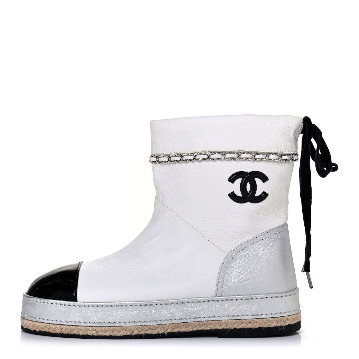 Chanel Lambskin Patent Cap Toe CC Chain Espadrille Boots 38 White Silver Black 1 of 4