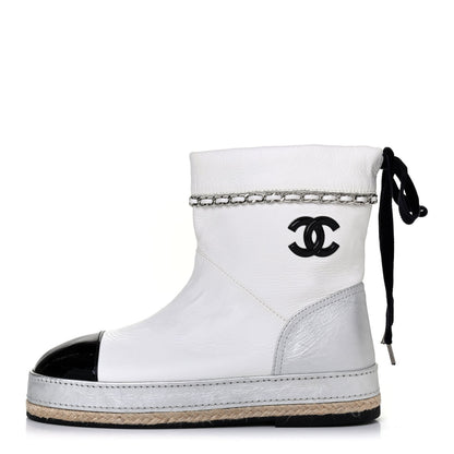 Chanel Lambskin Patent Cap Toe CC Chain Espadrille Boots 38 White Silver Black 1 of 4