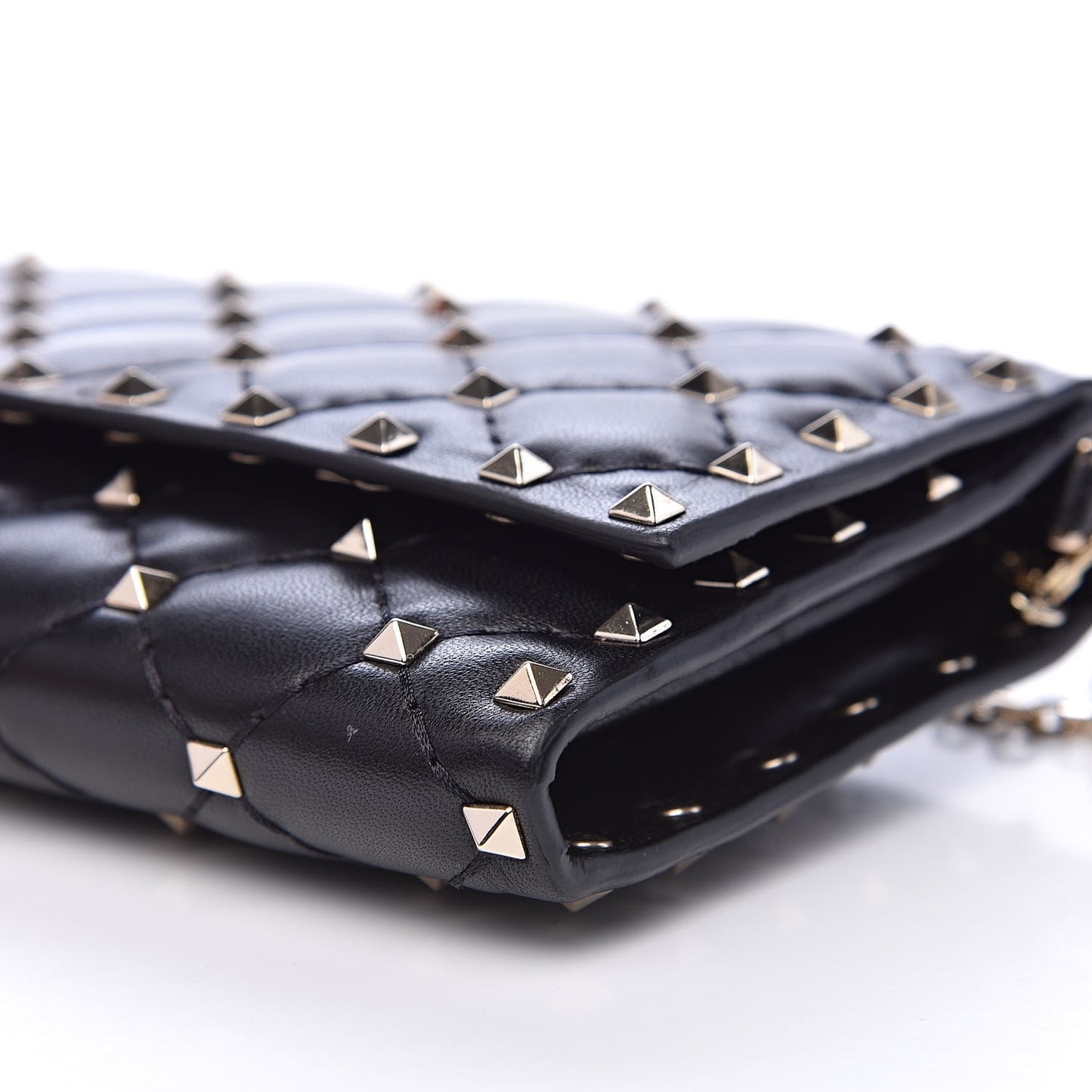 Lambskin Rockstud Spike Flap Wallet on Chain Black