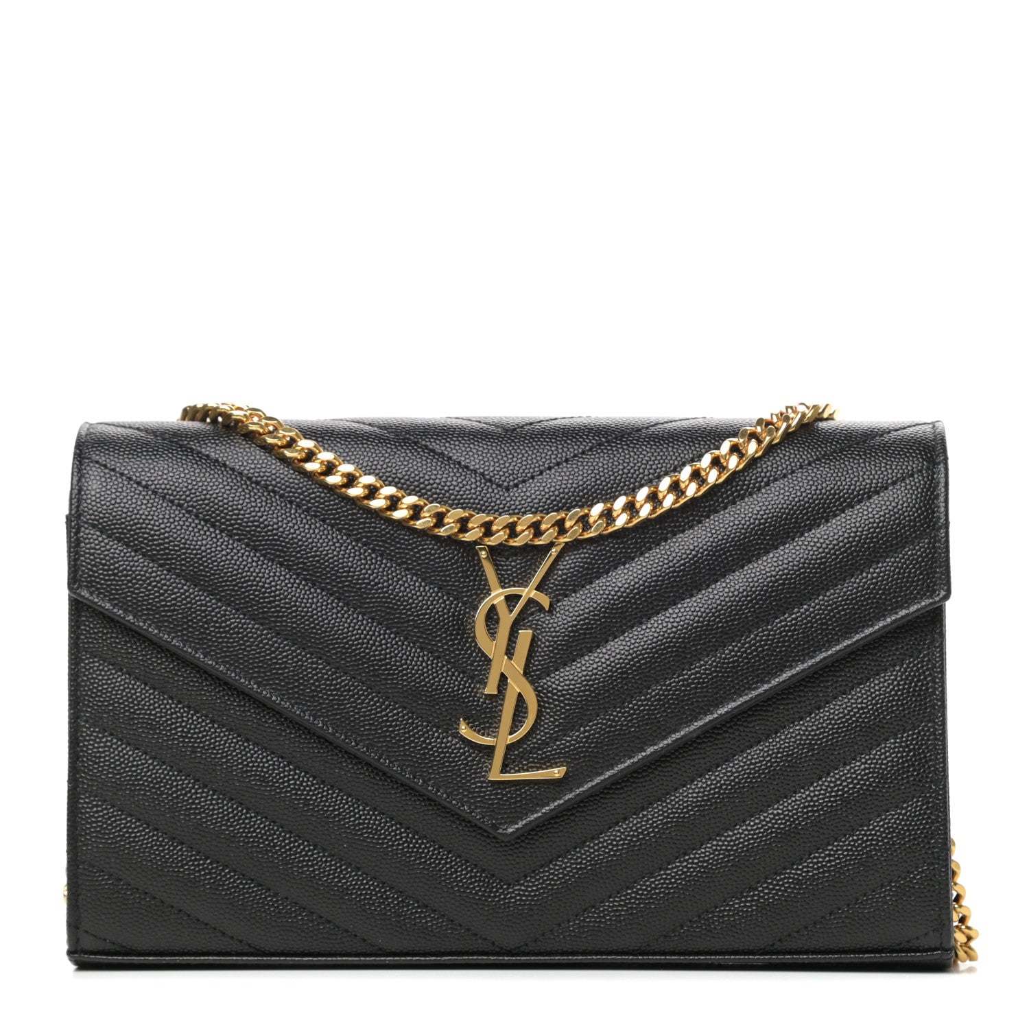 Saint Laurent Grain De Poudre Matelasse Chevron Monogram Chain Wallet Black 1 of 9