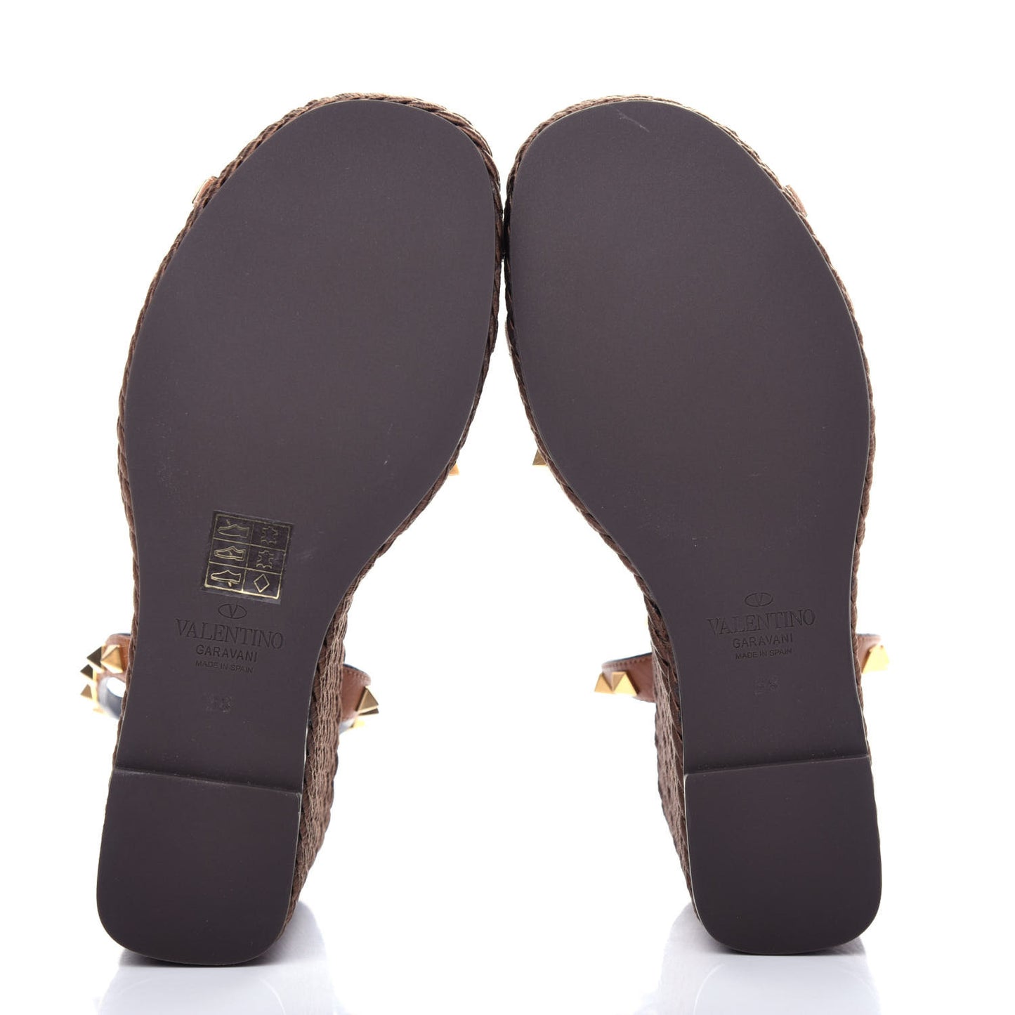 Calfskin Rockstud Ankle Strap Torchon Espadrille 25/95mm Wedge Sandals 38 Cuoio