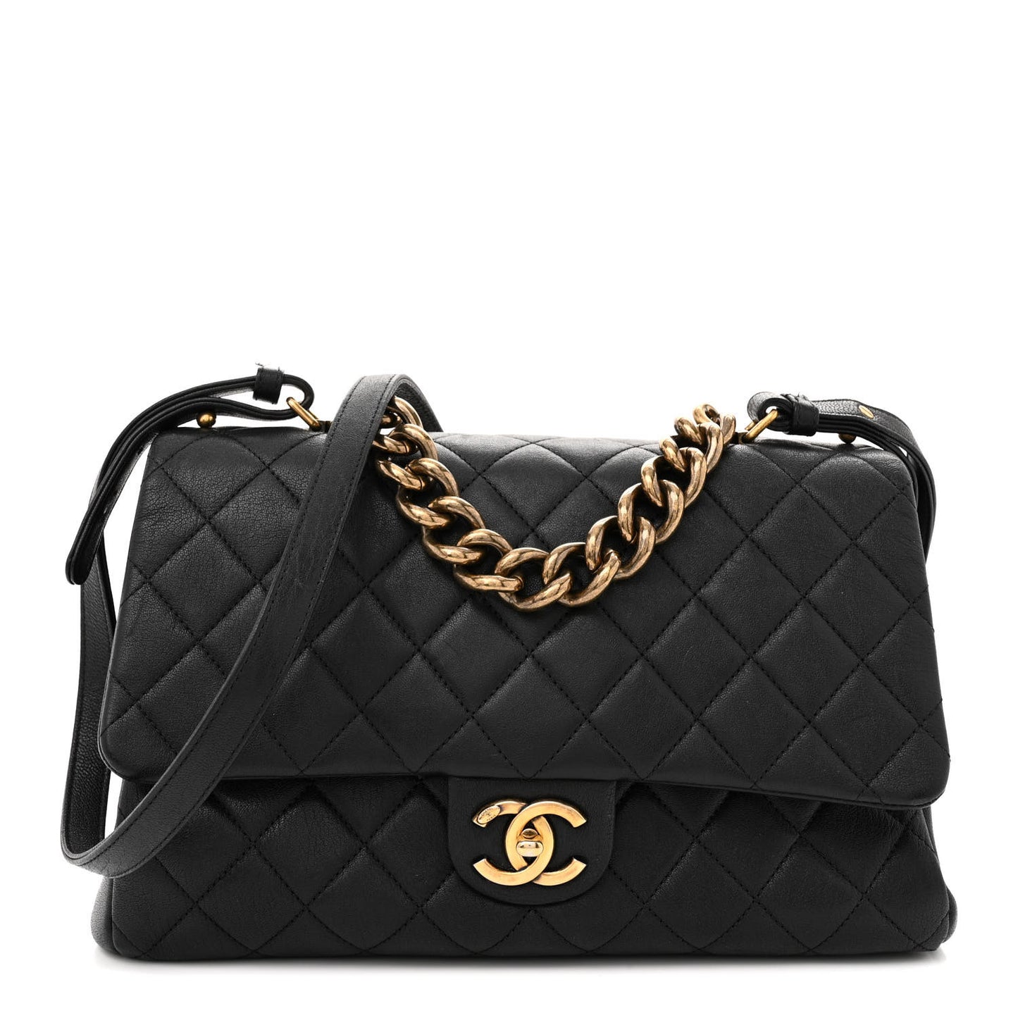 Shiny Sheepskin Quilted Large Trapezio Flap Black