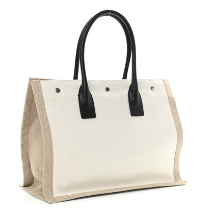 Saint Laurent Linen Calfskin Small Rive Gauche Tote Greggio Natural 3 of 11