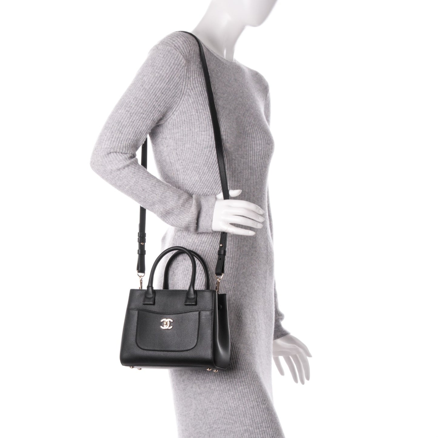 Grained Calfskin Mini Neo Executive Shopper Tote Black