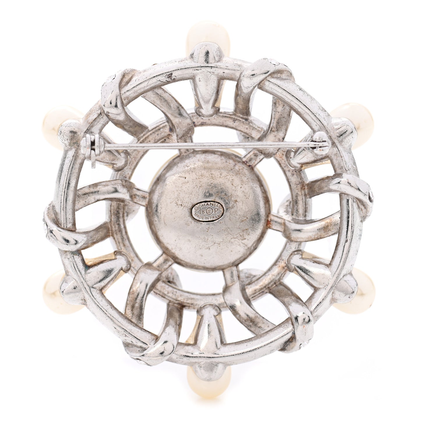 Pearl Crystal CC Wheel Brooch Pearly White Silver