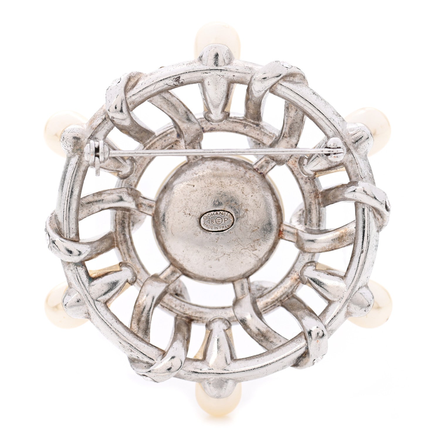 Chanel Pearl Crystal CC Wheel Brooch Pearly White Silver 3 of 5