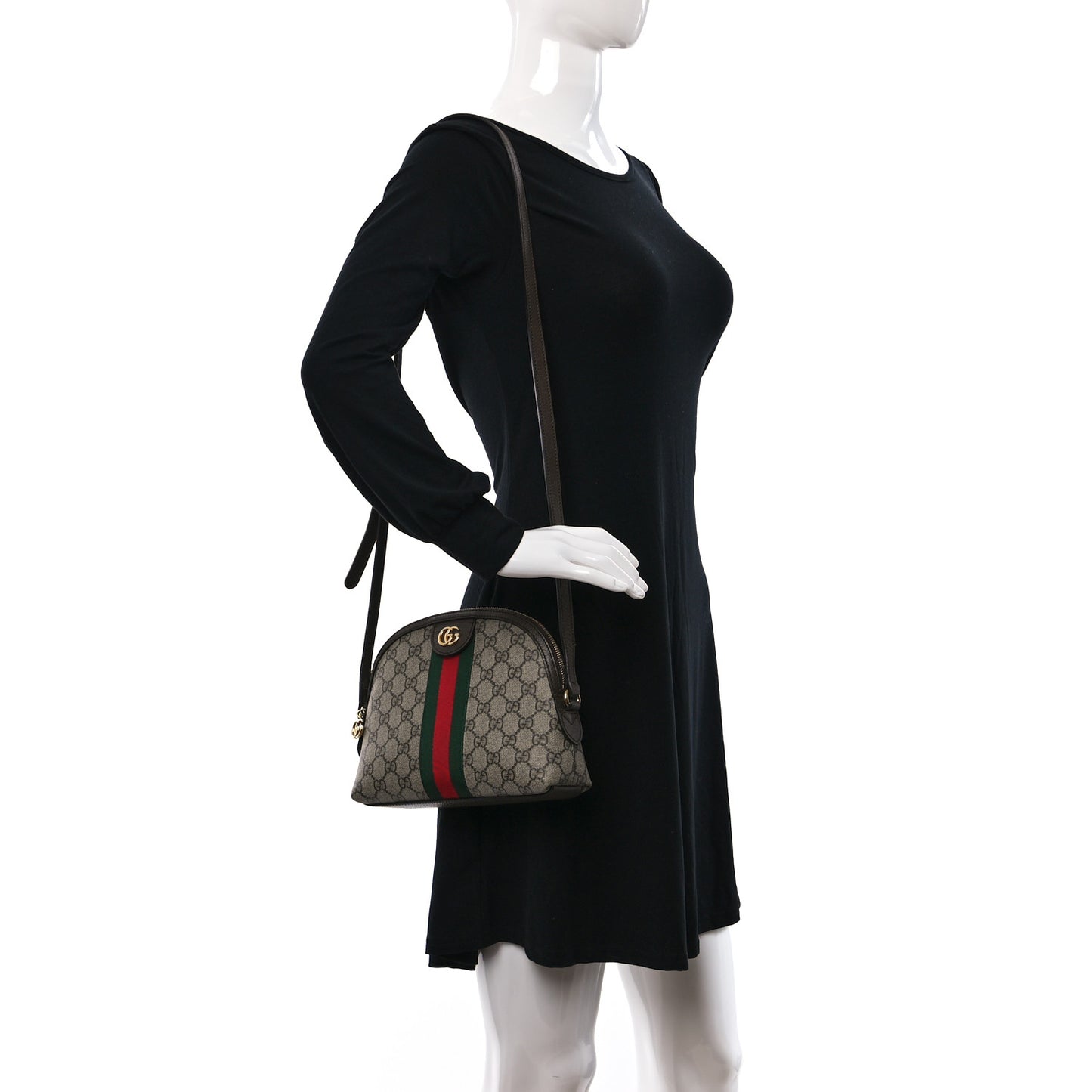 GG Supreme Monogram Textured Dollar Calfskin Web Small Ophidia Dome Shoulder Bag Beige Ebony New Acero