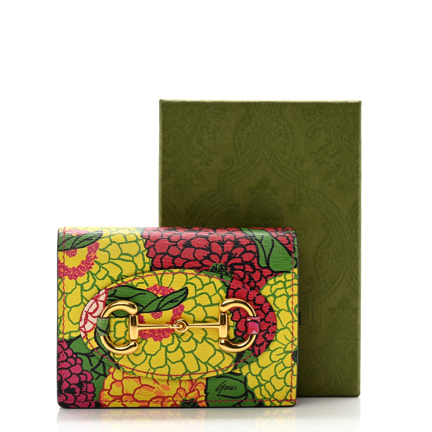 X KEN SCOTT Textured Calfskin Pomponica Print Horsebit 1955 Card Case Wallet Multicolor Fuxia Pompom
