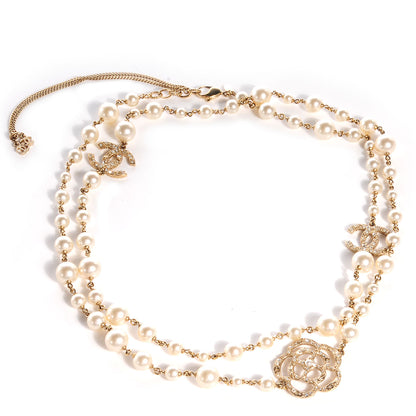 Chanel Pearl Crystal Camellia CC Necklace Gold 1 of 8