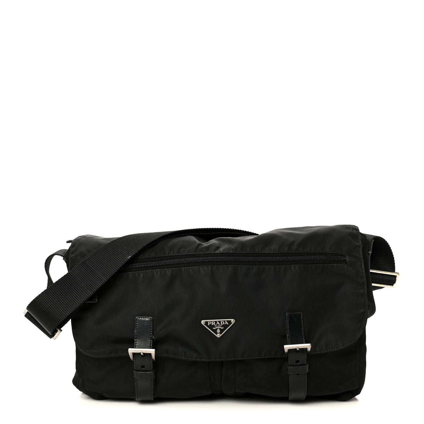 Tessuto Nylon Saffiano Double Buckle Messenger Shoulder Bag Black