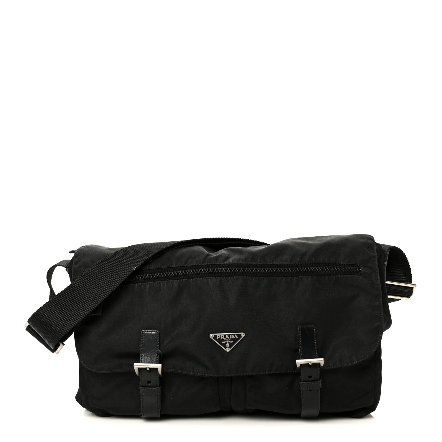 Prada Tessuto Nylon Saffiano Double Buckle Messenger Shoulder Bag Black 1 of 13