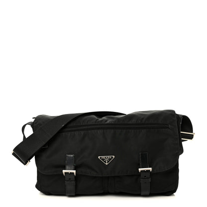 Prada Tessuto Nylon Saffiano Double Buckle Messenger Shoulder Bag Black 1 of 13
