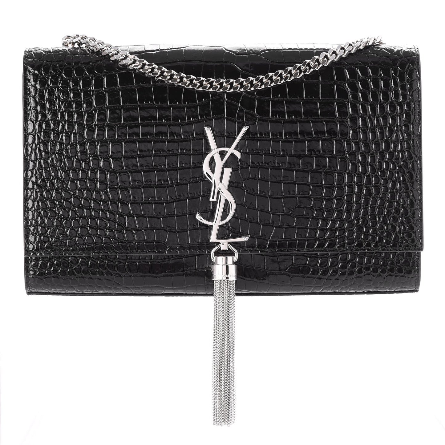 Calfskin Crocodile Embossed Medium Classic Monogram Kate Tassel Satchel Black